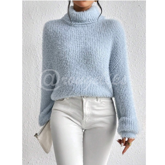 Light Blue Soft Fuzzy Turtleneck Pullover Sweater Long Sleeve - Picture 6 of 9